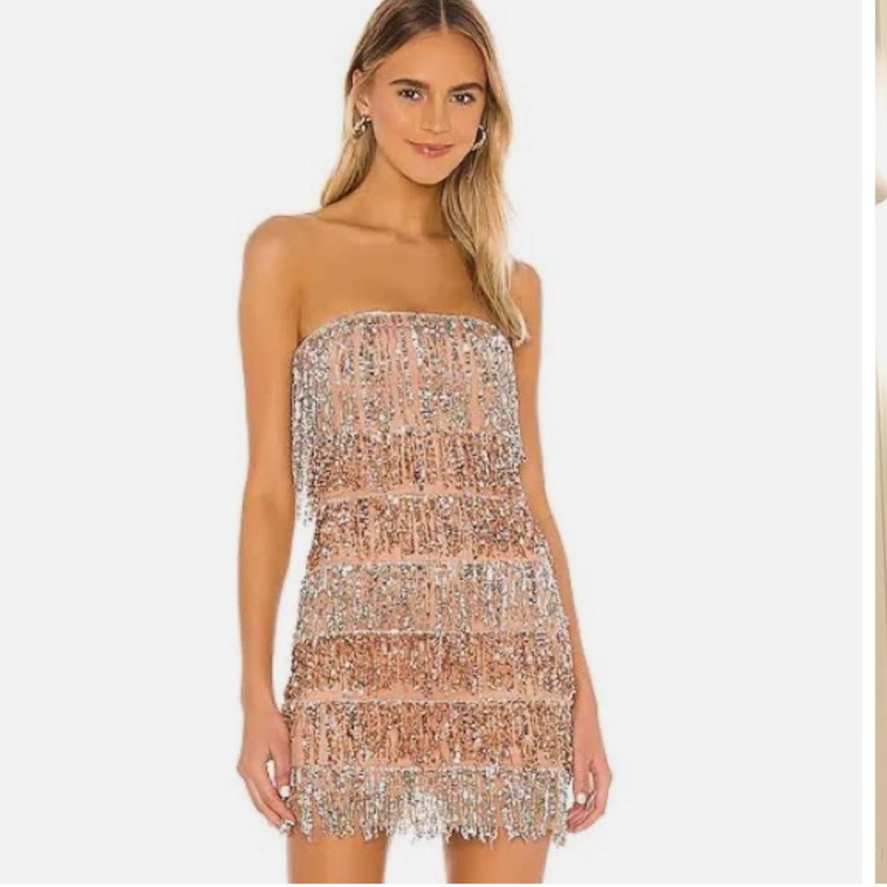 NBD Strapless Sequin Dress in Silver and Gold